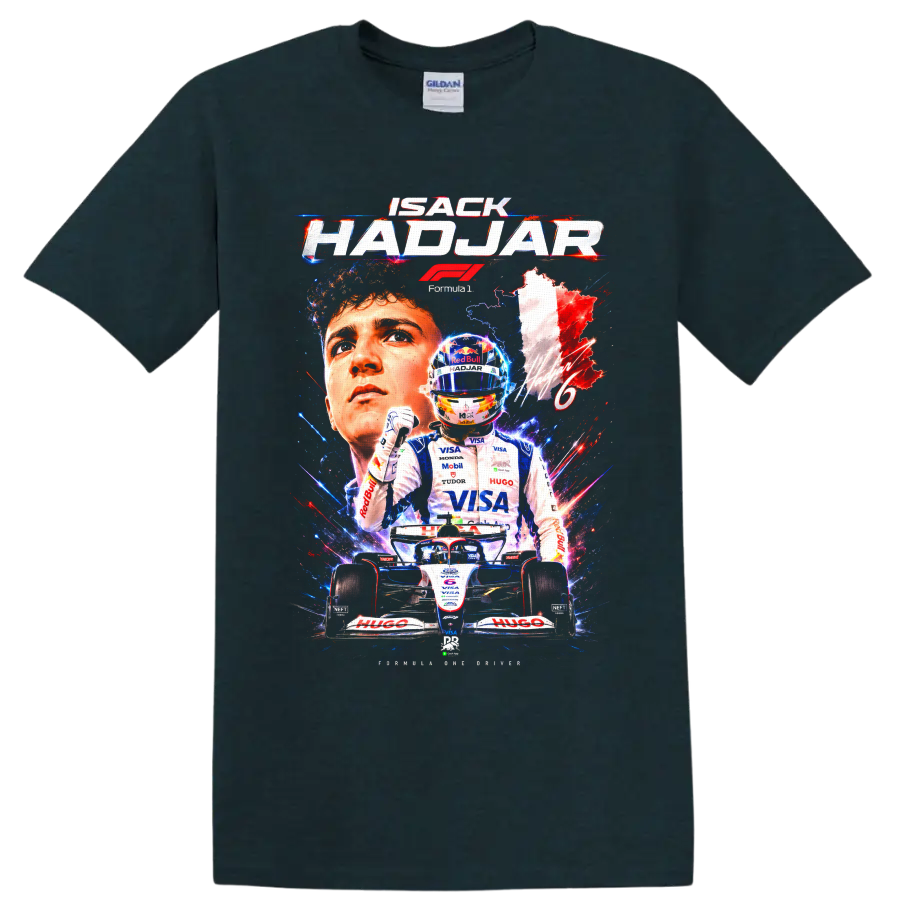 Isack Hadjar Racing Bulls Formula 1 graphic with portrait, helmet, and number 6 car on a Midnight (Green) T Shirt