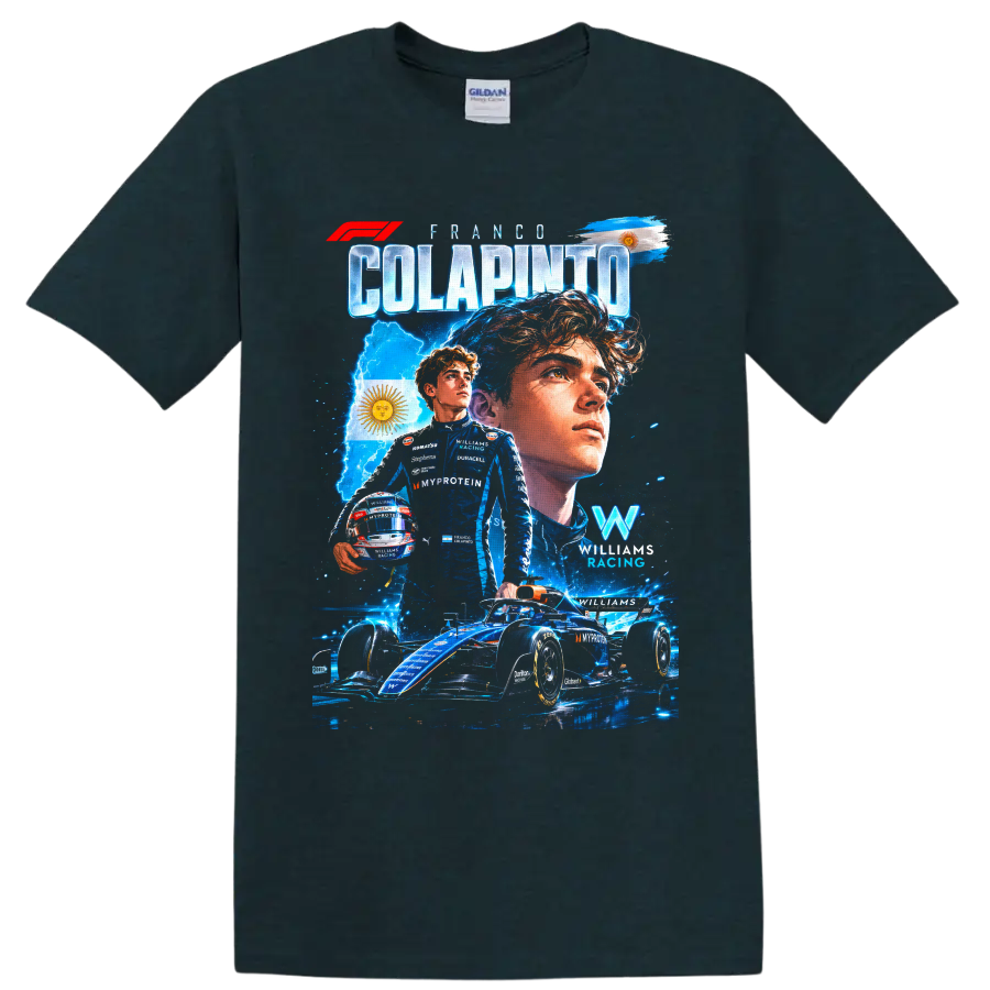 Franco Colapinto Williams Racing Formula 1 portrait, race car, and Argentina flag collage on a Midnight (Green) T Shirt