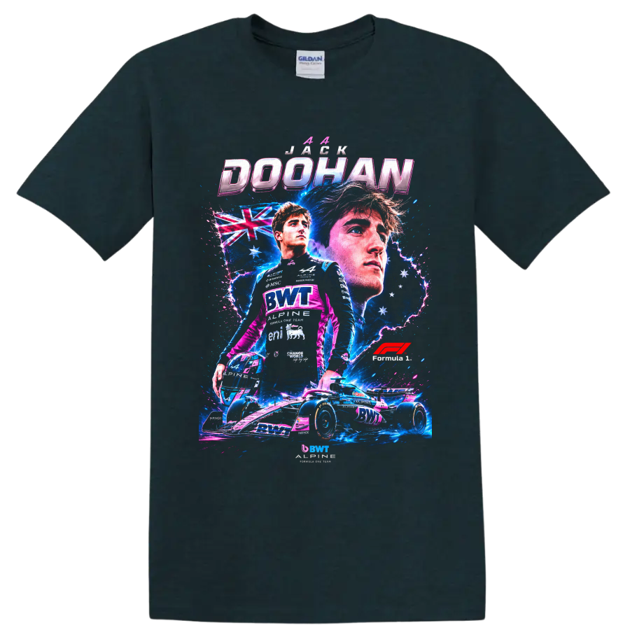 Jack Doohan Alpine Formula 1 driver and race car neon collage with Australian flag on a Midnight (Green) T Shirt