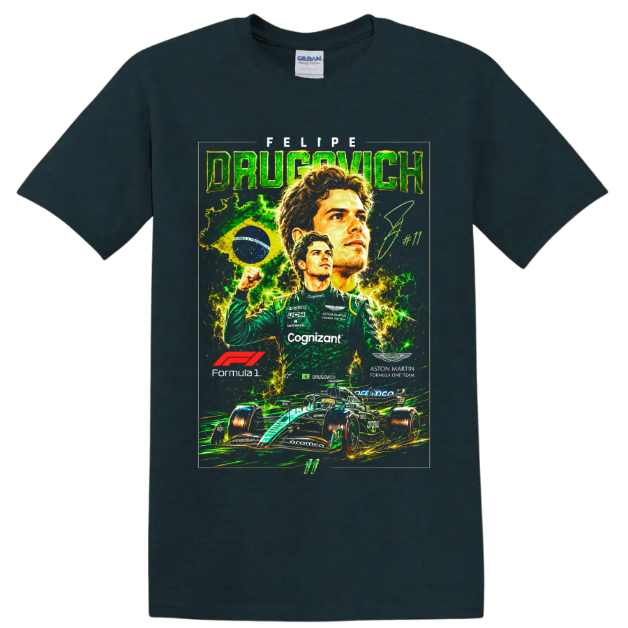 Felipe Drugovich Aston Martin Formula 1 collage with Brazilian flag and race car on a Midnight (Green) T Shirt