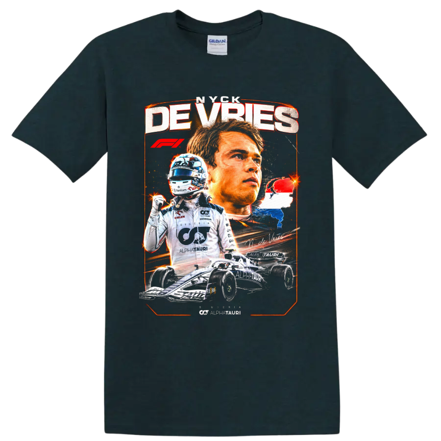 Nyck de Vries AlphaTauri Formula 1 racing collage with driver portrait and race car on a Midnight (Green) T Shirt