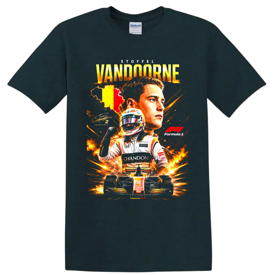 Stoffel Vandoorne McLaren Formula 1 racing collage with helmet, number 2 car and Belgian on a Midnight (Green) T Shirt