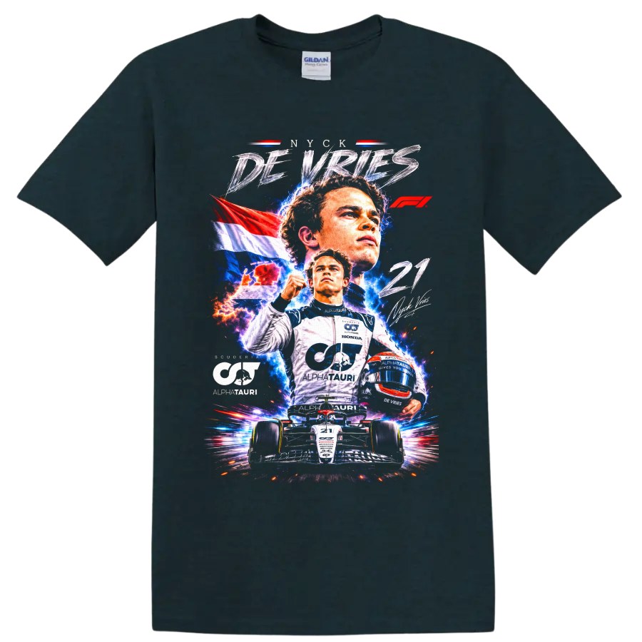 Nyck de Vries AlphaTauri racing collage with Dutch flag, helmet, and number 21 car on a Midnight (Green) T Shirt