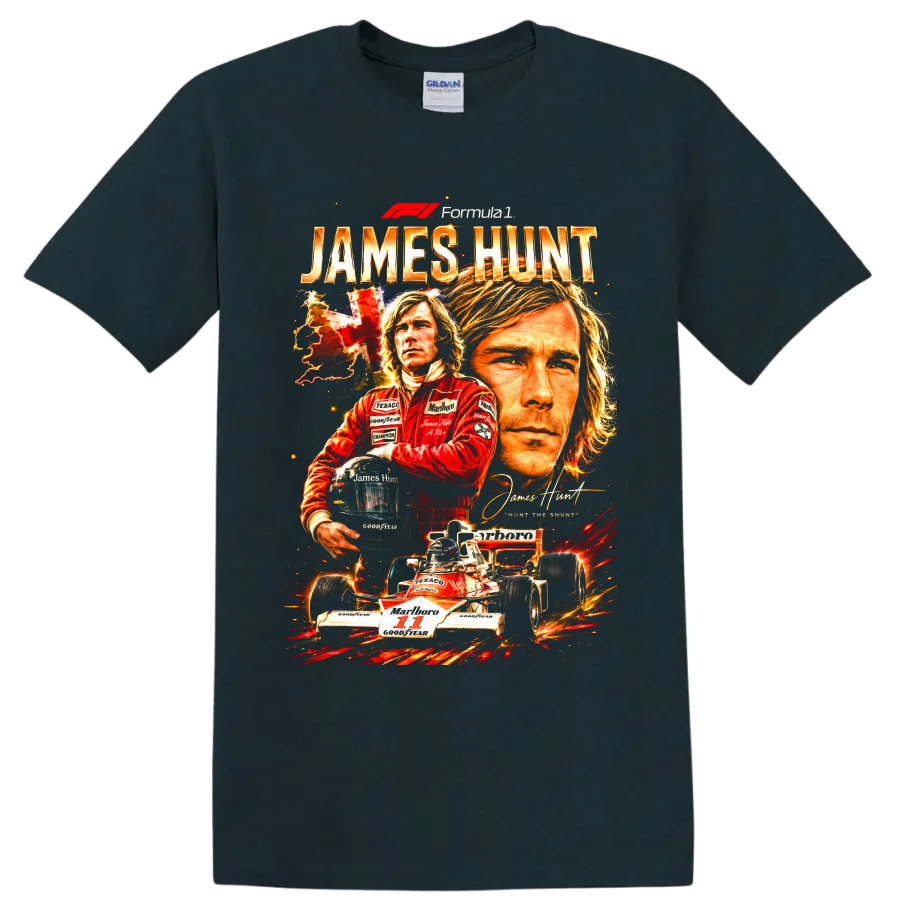 James Hunt Formula 1 portrait collage with McLaren number 11 race car and helmet on a Midnight (Green) T Shirt