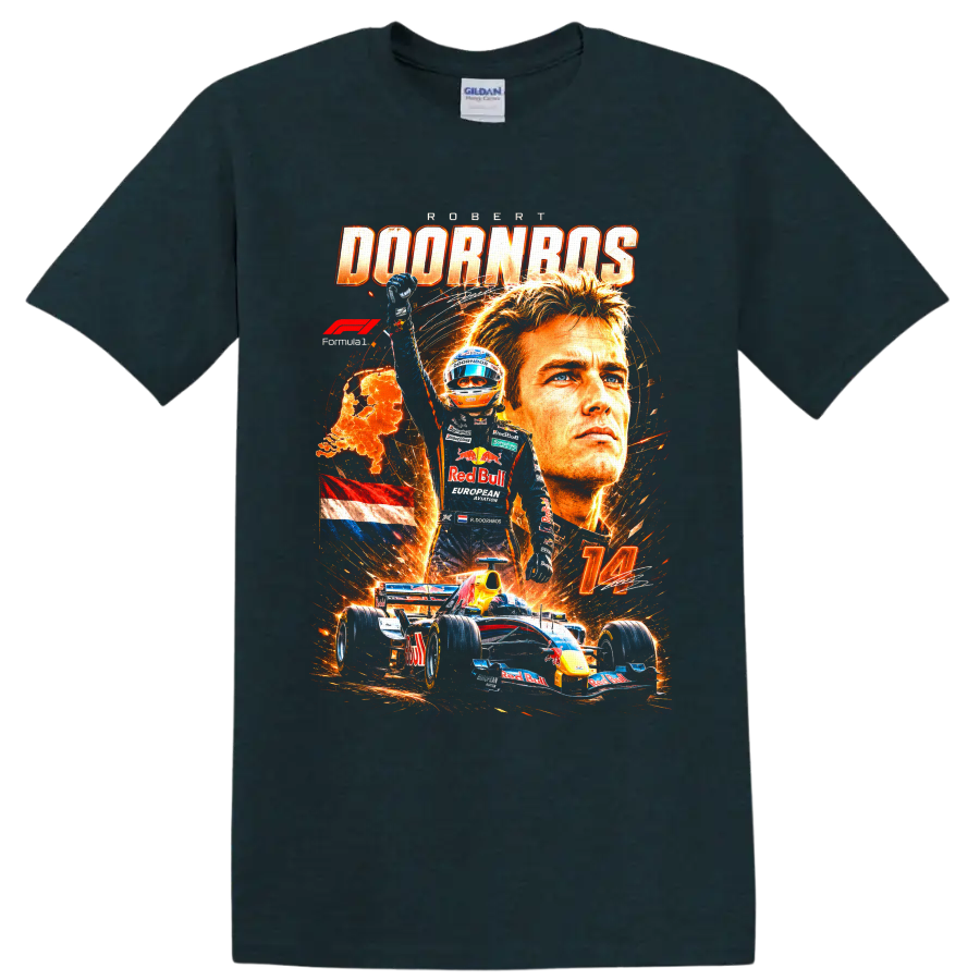 Robert Doornbos Red Bull Formula 1 number 14 fiery racing collage graphic on a Midnight (Green) T Shirt