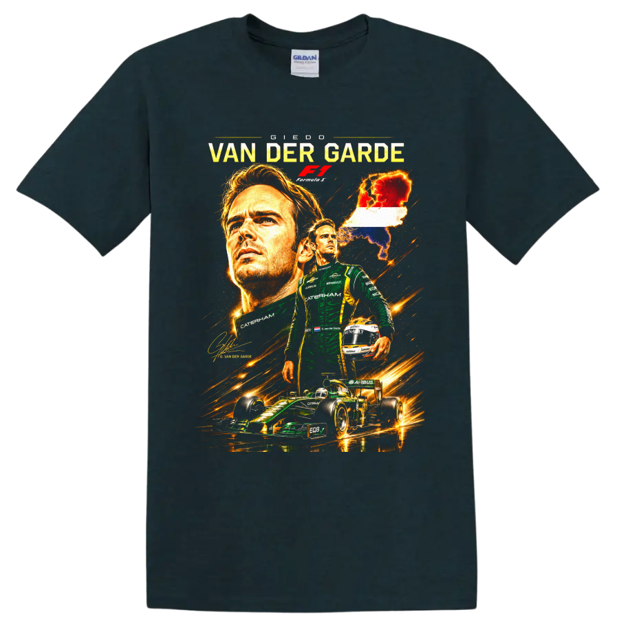 Giedo van der Garde Caterham Formula 1 portrait with race car and Netherlands map on a Midnight (Green) T Shirt