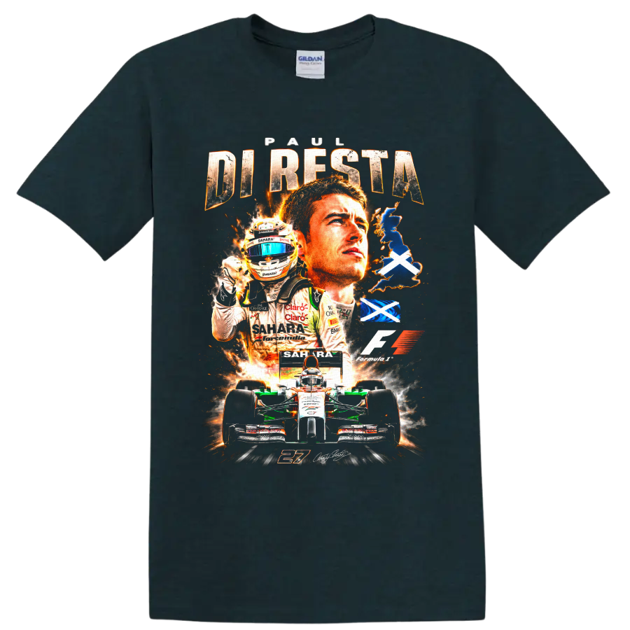 Paul di Resta Force India Formula 1 racing collage with number 21 car and Saltire flags on a Midnight (Green) T Shirt