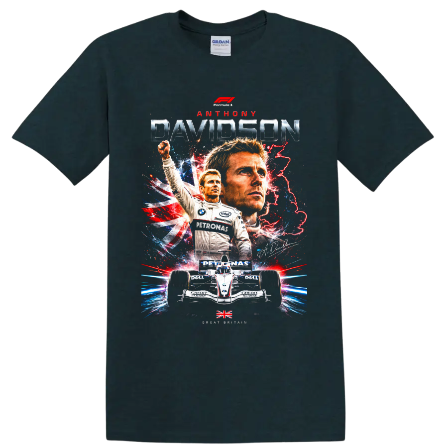Anthony Davidson Formula 1 racing poster graphic with Union Jack and BMW Sauber car on a Midnight (Green) T Shirt