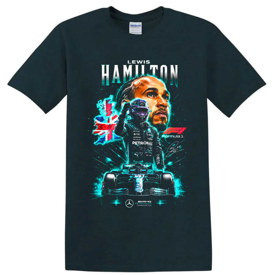 Lewis Hamilton Mercedes Formula 1 portrait, number 44 driver, and race car graphic on a Midnight (Green) T Shirt