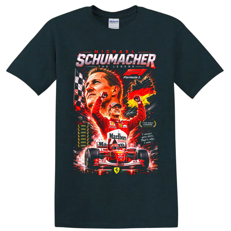 Michael Schumacher Ferrari Formula 1 racing collage with champion years and victory pose on a Midnight (Green) T Shirt