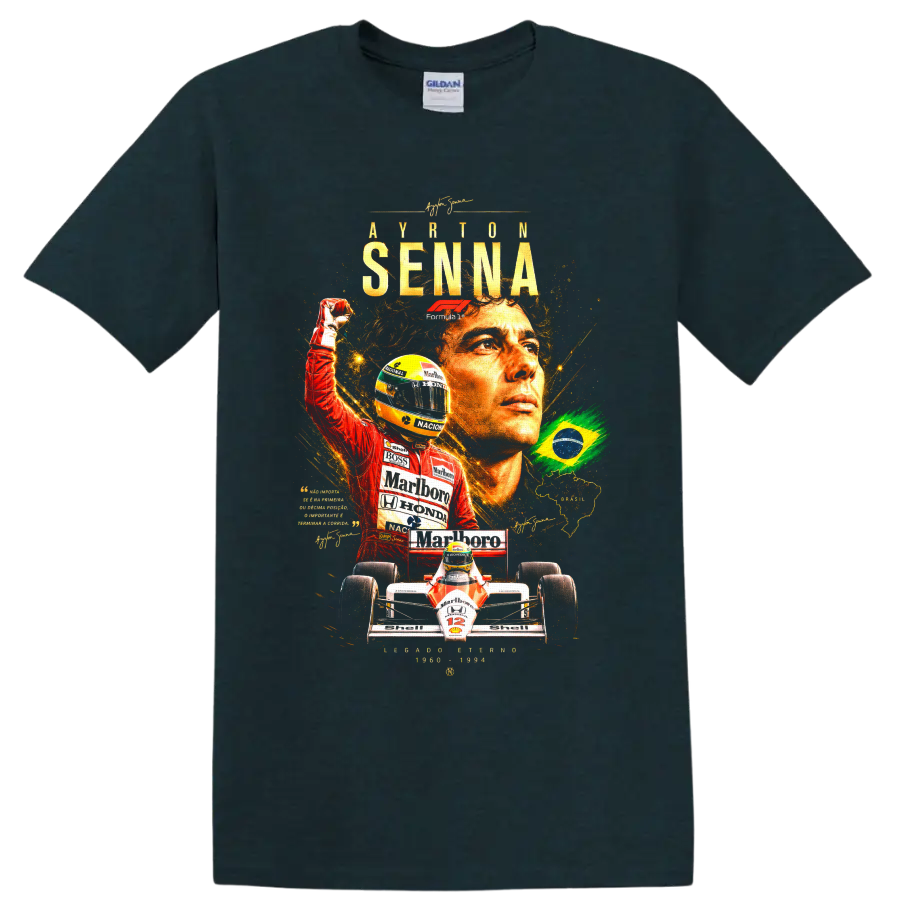 Ayrton Senna Formula 1 tribute collage with Brazilian flag, helmet, and race car on a Midnight (Green) T Shirt
