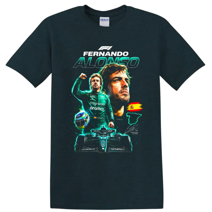 Fernando Alonso Formula 1 portrait collage with Aston Martin race car and Spanish flag on a Midnight (Green) T Shirt