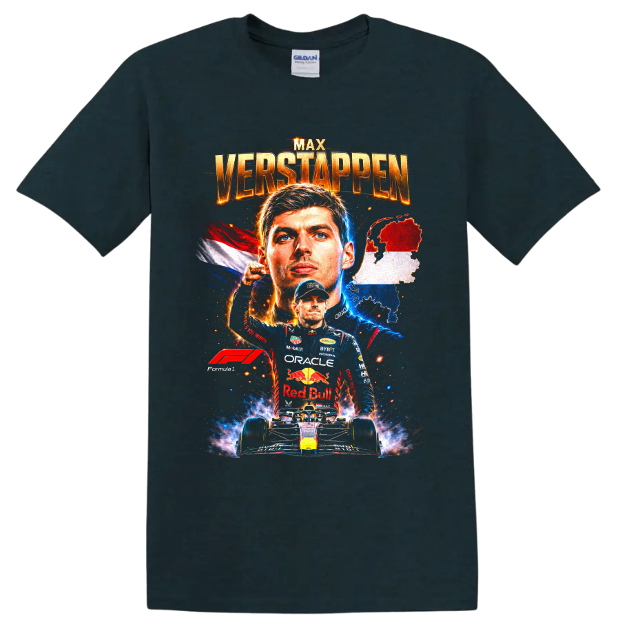 Max Verstappen Red Bull Racing Formula 1 portrait with Dutch flag, map, and race car on a Midnight (Green) T Shirt