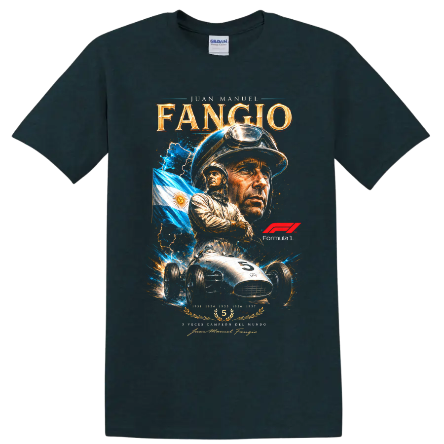 Juan Manuel Fangio portrait with Argentine flag, vintage race car, and Formula 1 graphic on a Midnight (Green) T Shirt