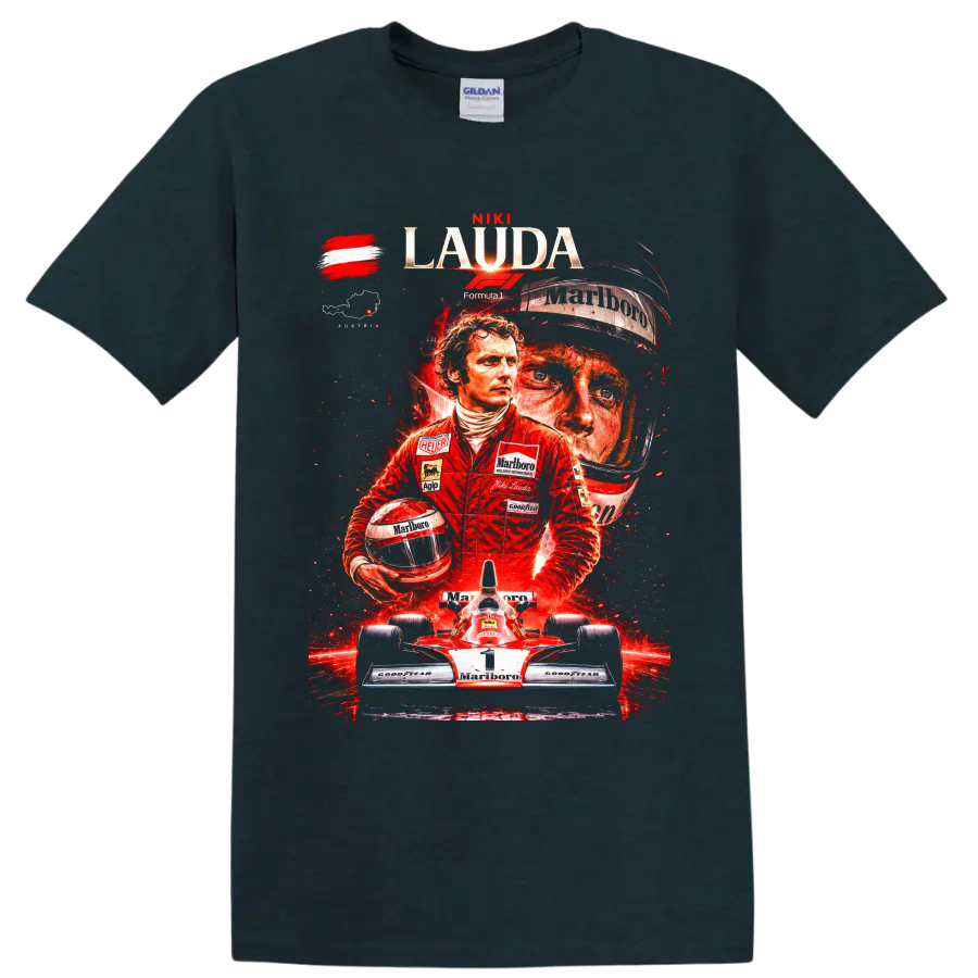 Niki Lauda dramatic Formula 1 collage with helmet, Austrian flag, and number 1 race car on a Midnight (Green) T Shirt