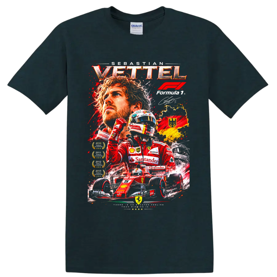 Sebastian Vettel Ferrari Formula 1 racing collage with red car, helmet, and German flag on a Midnight (Green) T Shirt