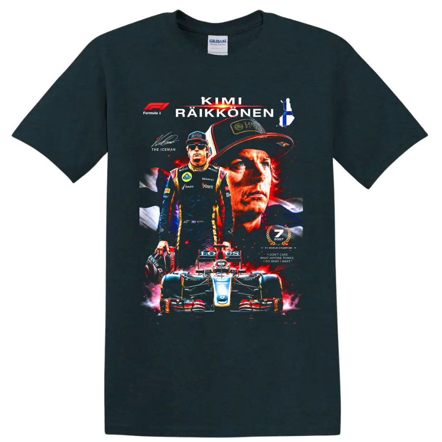 Kimi Räikkönen Formula 1 Lotus Renault portrait collage with race car and Finnish flag on a Midnight (Green) T Shirt
