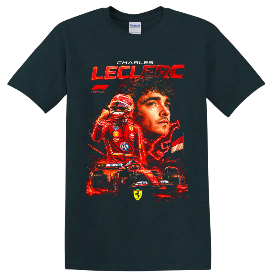 Charles Leclerc Ferrari Formula 1 portrait, helmeted driver, and race car collage on a Midnight (Green) T Shirt