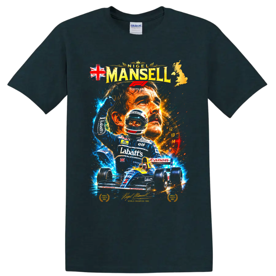 Nigel Mansell 1992 Williams Renault Formula 1 racing collage with championship car on a Midnight (Green) T Shirt
