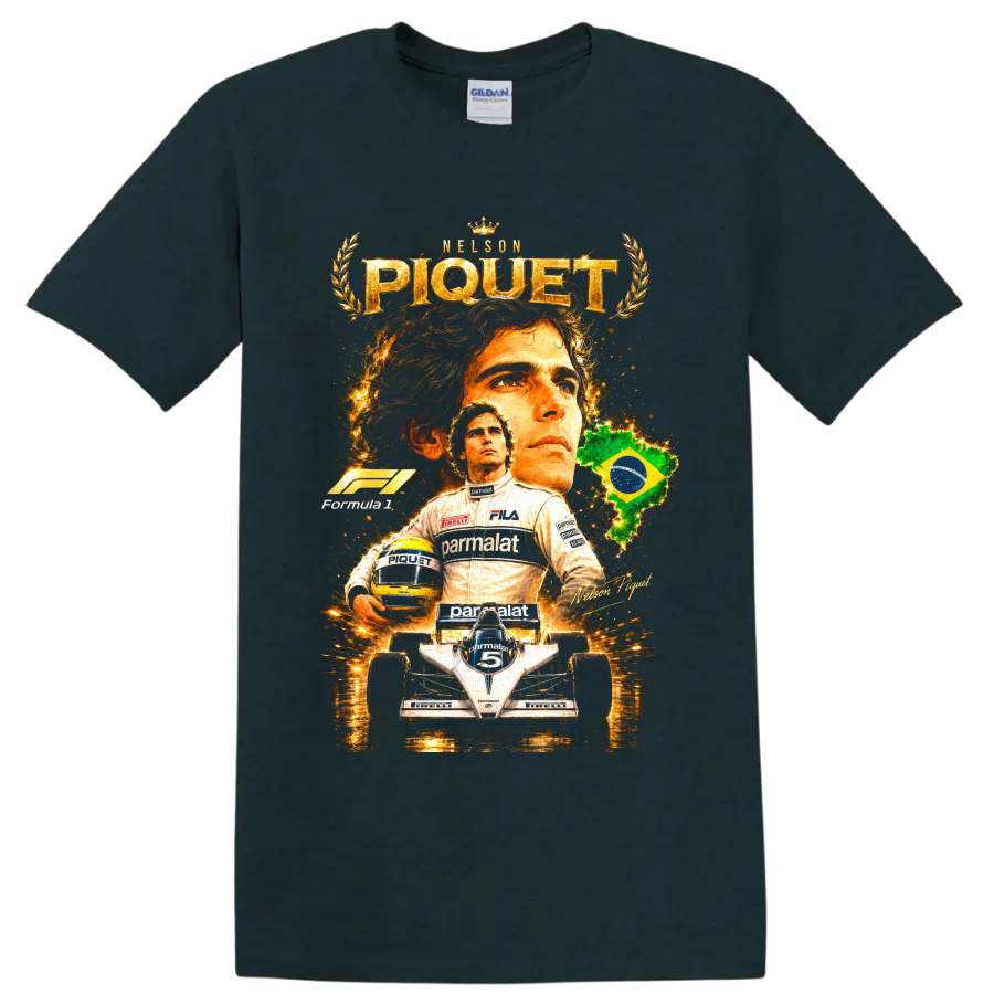 Nelson Piquet Brabham Formula 1 portrait, helmet, race car, and Brazil graphic on a Midnight (Green) T Shirt