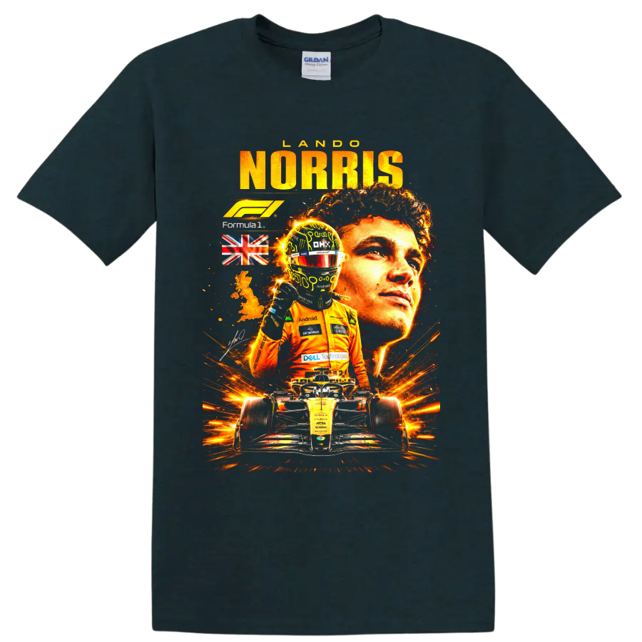 Lando Norris McLaren Formula 1 racing portrait with helmeted driver and race car on a Midnight (Green) T Shirt