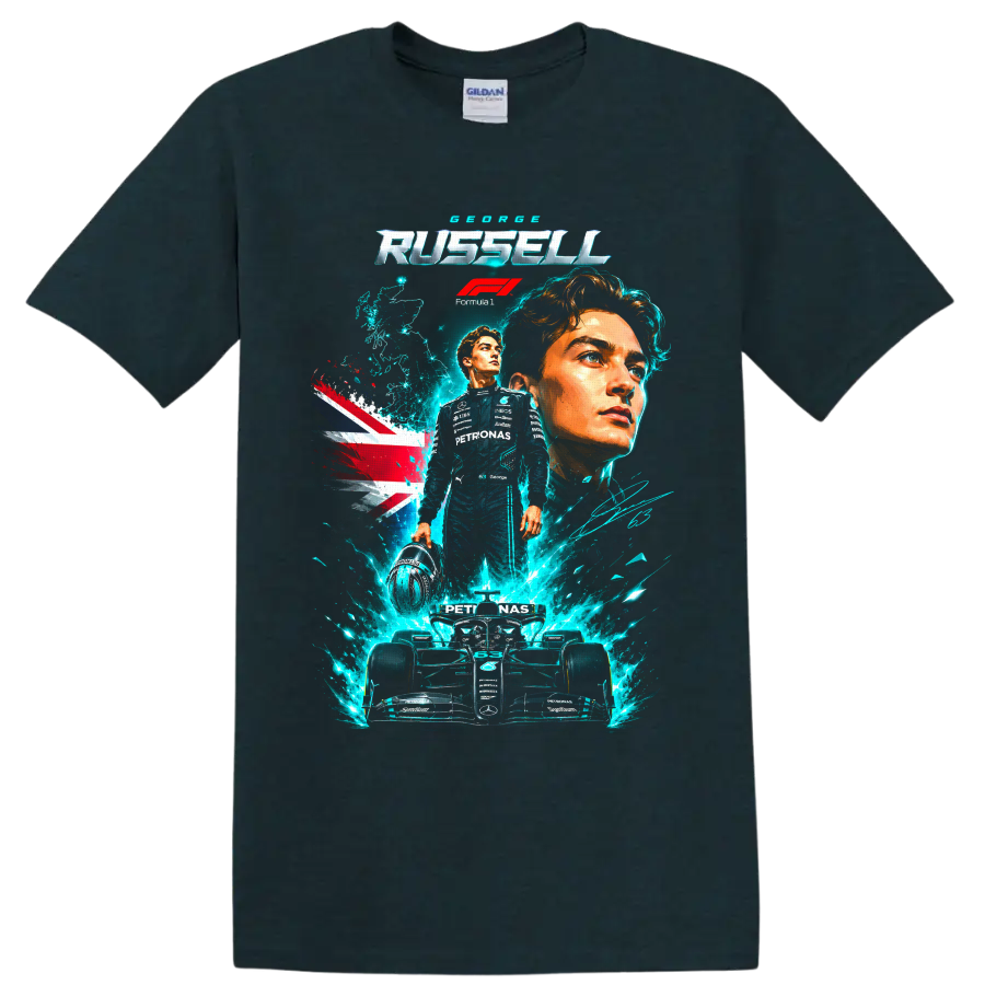George Russell Mercedes Formula 1 portrait and race car graphic with Union Jack on a Midnight (Green) T Shirt