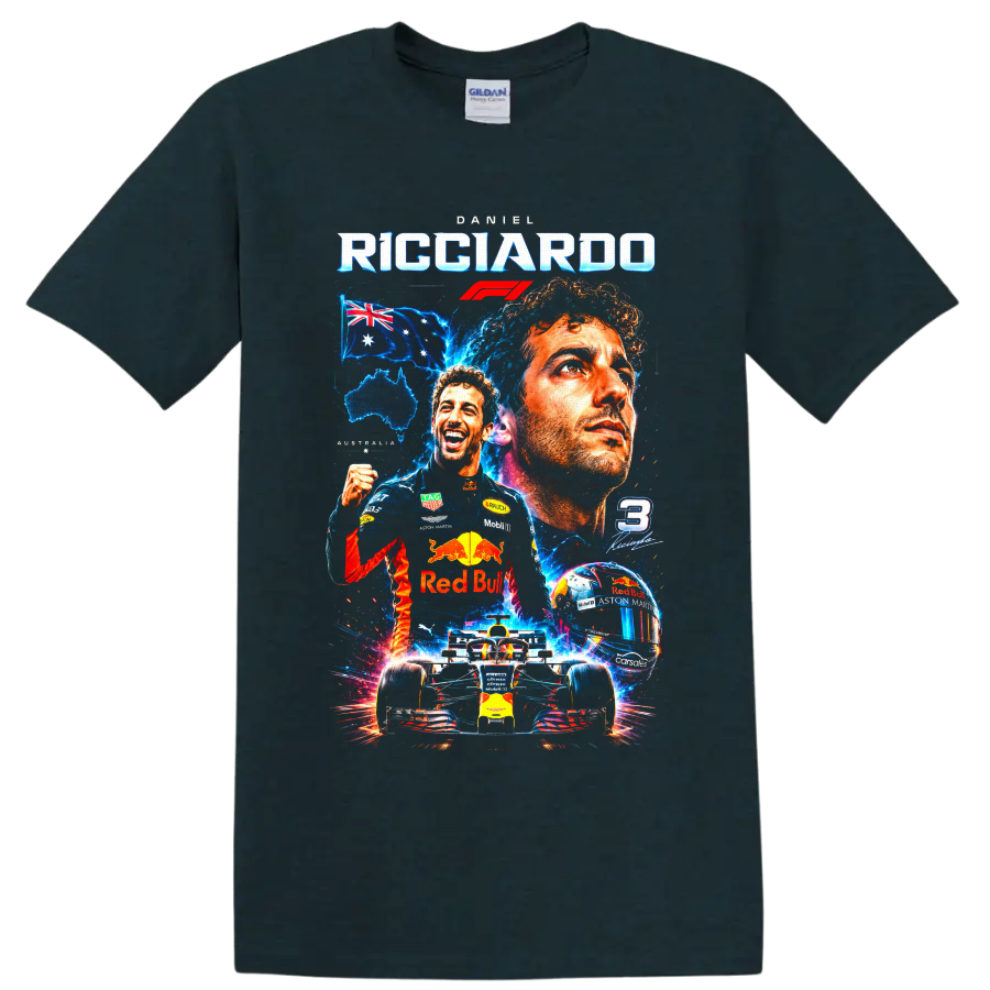 Daniel Ricciardo F1 collage with Red Bull car, helmet, Australian flag and number 3 on a Midnight (Green) T Shirt
