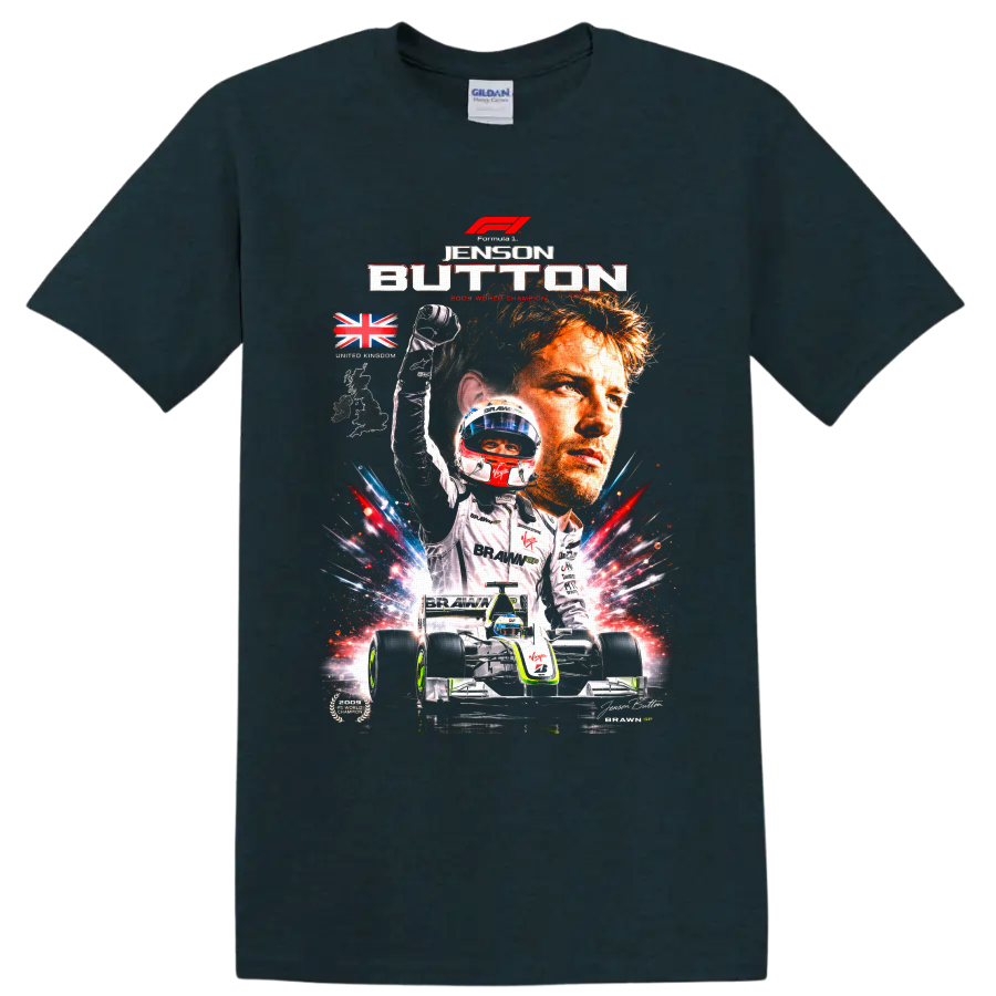 Jenson Button Brawn GP 2009 champion collage with car, helmet, trophy, and Union Jack on a Midnight (Green) T Shirt