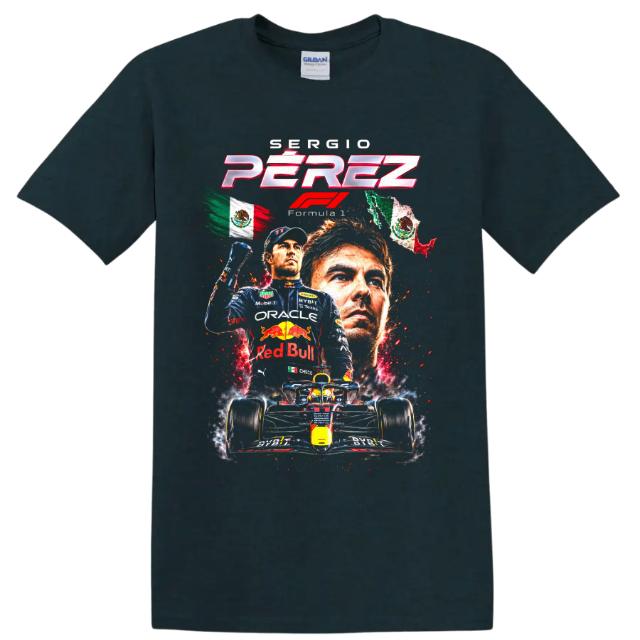 Sergio Pérez Formula 1 Red Bull Racing collage with Mexican flags and race car on a Midnight (Green) T Shirt