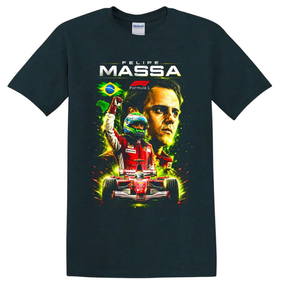 Felipe Massa Ferrari Formula 1 collage with Brazilian flag, driver portrait, and red race on a Midnight (Green) T Shirt