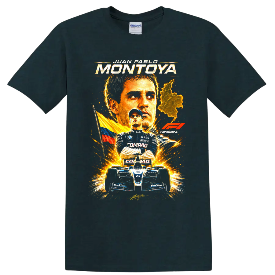 Juan Pablo Montoya Formula 1 portrait with Colombian flag, map, and number 6 race car on a Midnight (Green) T Shirt