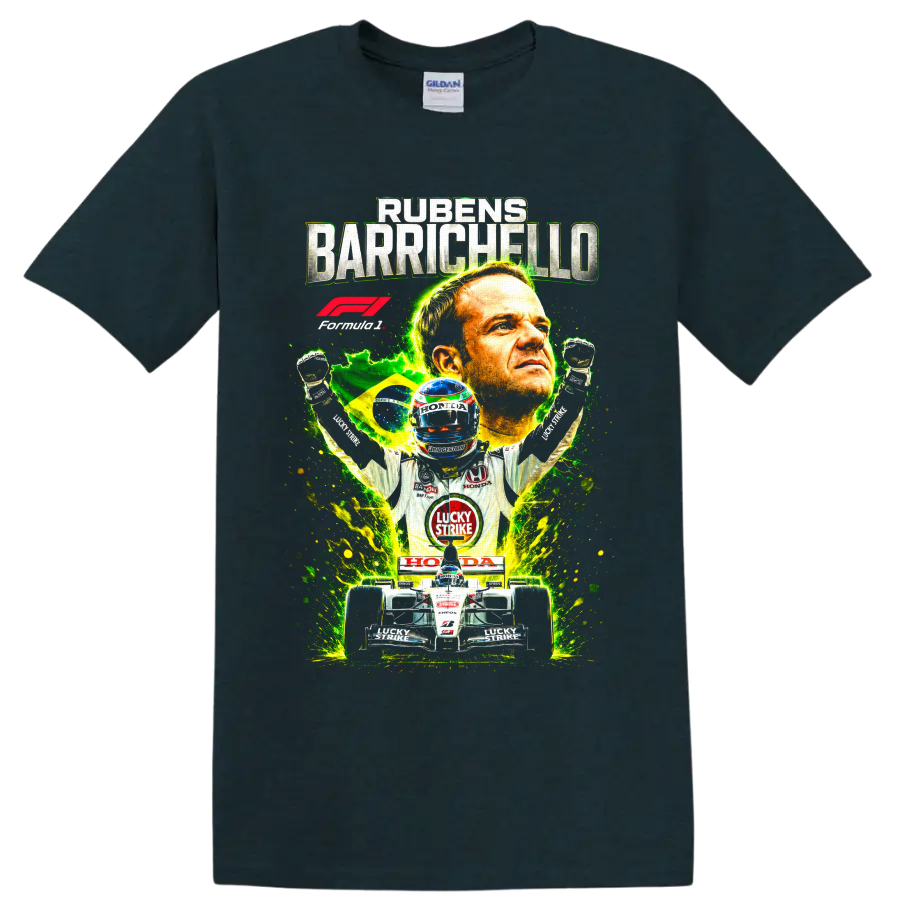 Rubens Barrichello BAR Honda Formula 1 racing collage with Brazilian flag and race car on a Midnight (Green) T Shirt