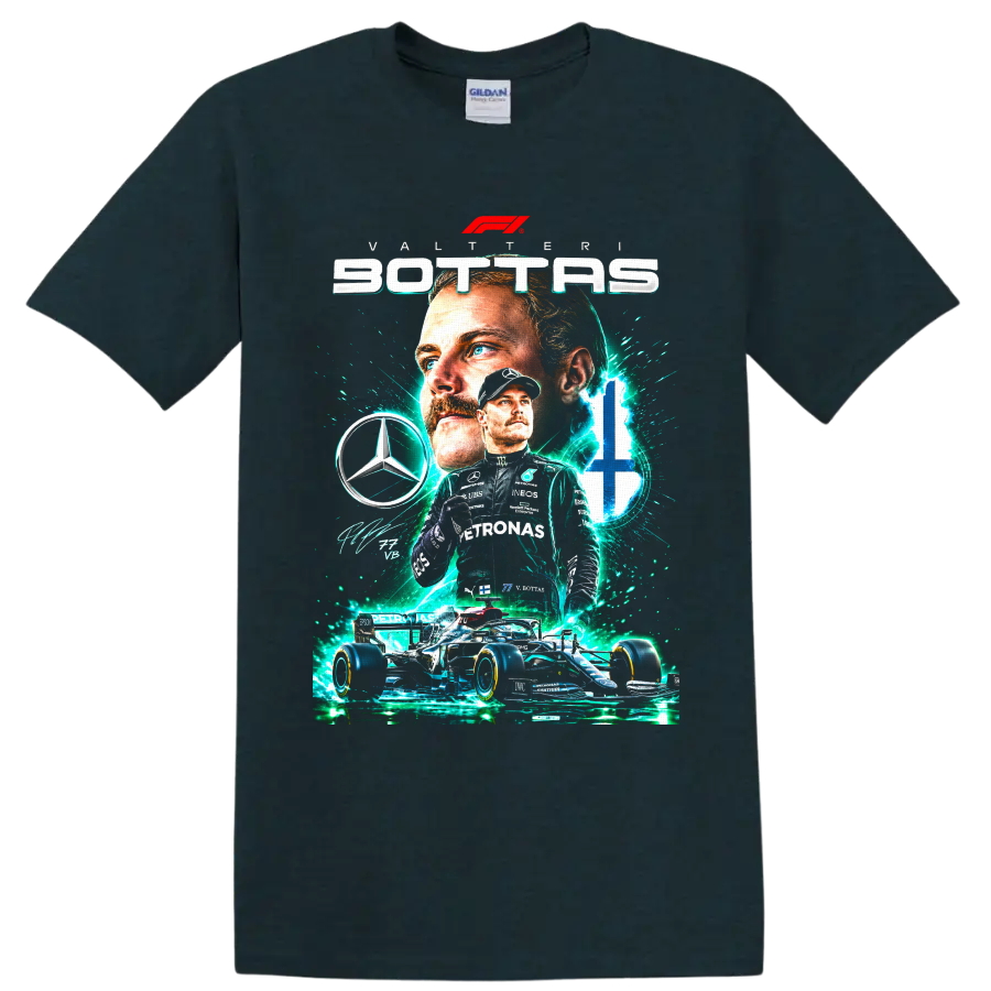 Valtteri Bottas Mercedes Formula 1 number 77 racing collage with teal energy effects on a Midnight (Green) T Shirt
