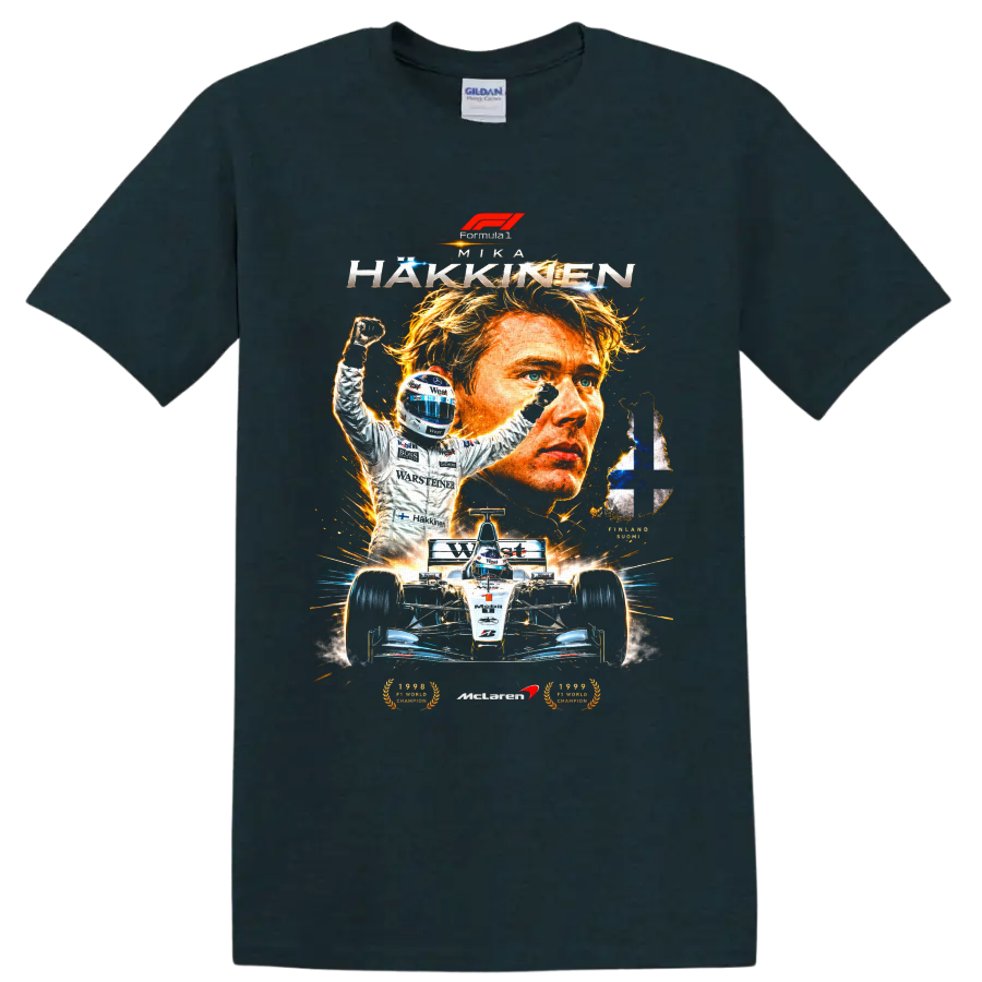 Mika Häkkinen McLaren racing portrait, victory pose, race car and Finnish flag on a Midnight (Green) T Shirt