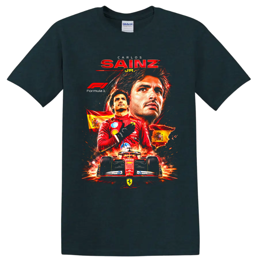 Carlos Sainz Jr Ferrari Formula 1 poster graphic with Spanish flags and red race car on a Midnight (Green) T Shirt