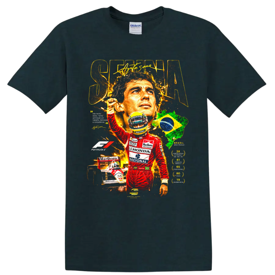 Ayrton Senna Formula 1 tribute collage with Brazil map, race car, and helmet on a Midnight (Green) T Shirt