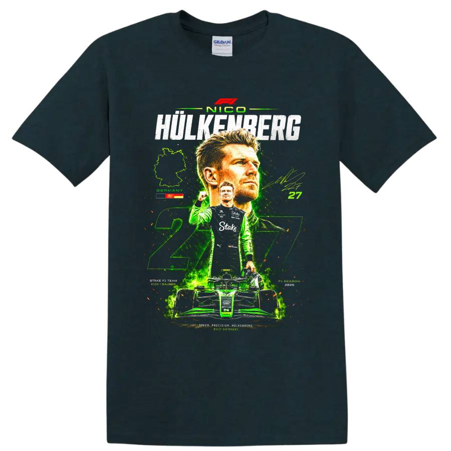 Nico Hülkenberg Kick Sauber 27 racing collage with portrait, helmet, and race car on a Midnight (Green) T Shirt