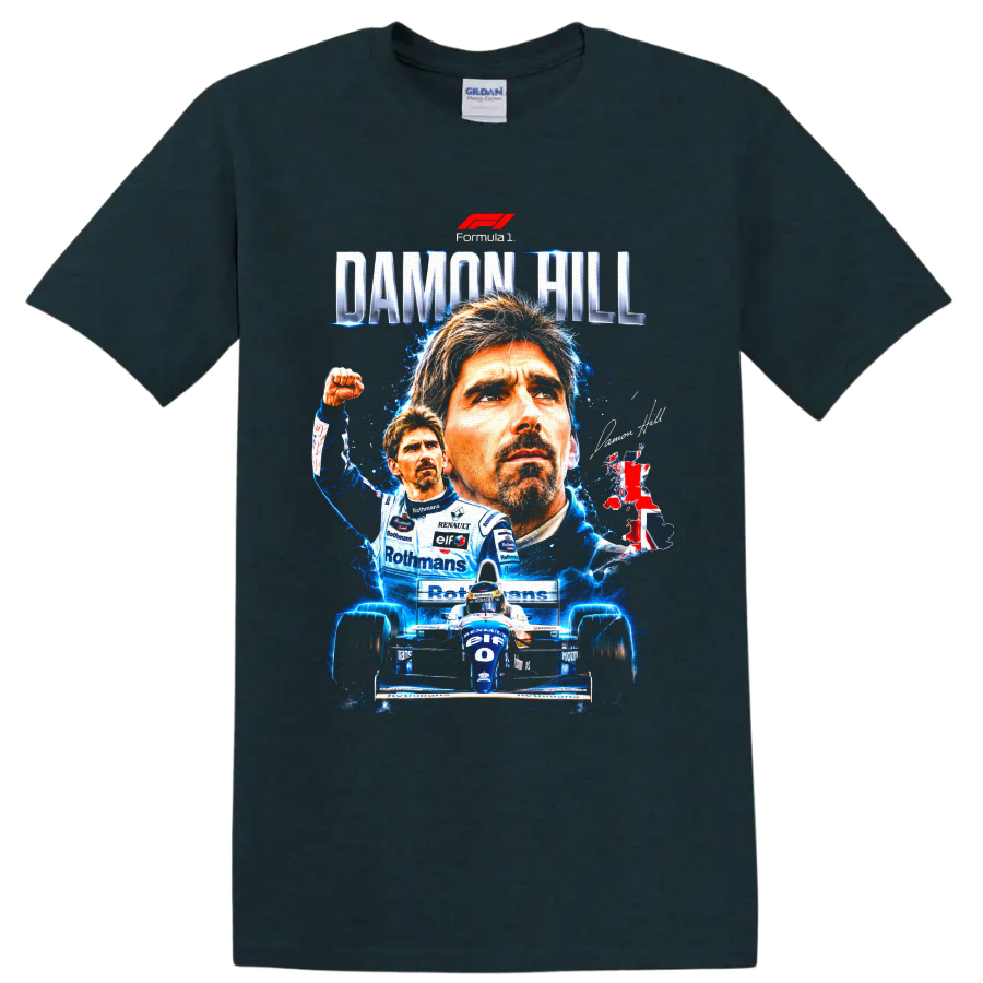 Damon Hill Williams Formula 1 portrait collage with race car and DAMON HILL text on a Midnight (Green) T Shirt