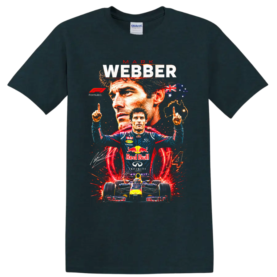 Mark Webber Red Bull Racing Formula 1 collage with Australian flag, race car and number 14 on a Midnight (Green) T Shirt