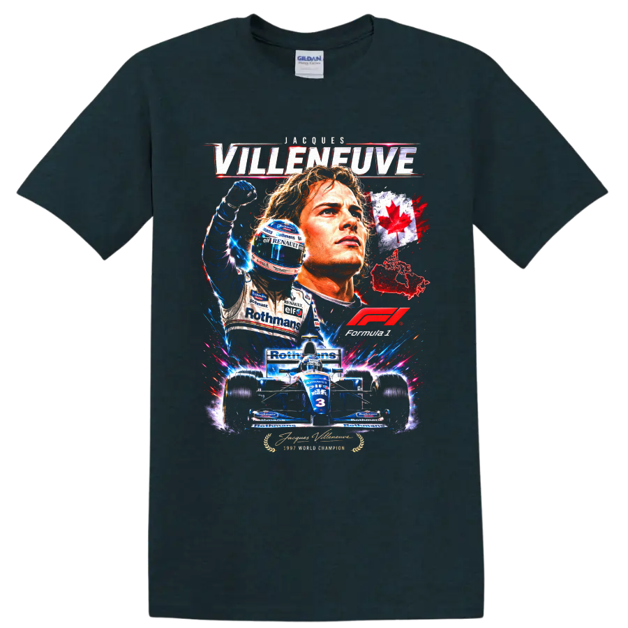 Jacques Villeneuve Williams Renault 1997 champion racing collage with Canadian maple leaf on a Midnight (Green) T Shirt