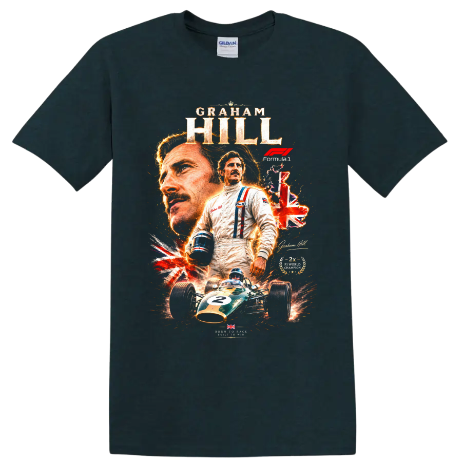 Graham Hill Formula 1 portrait with vintage number 2 race car and Union Jack collage on a Midnight (Green) T Shirt