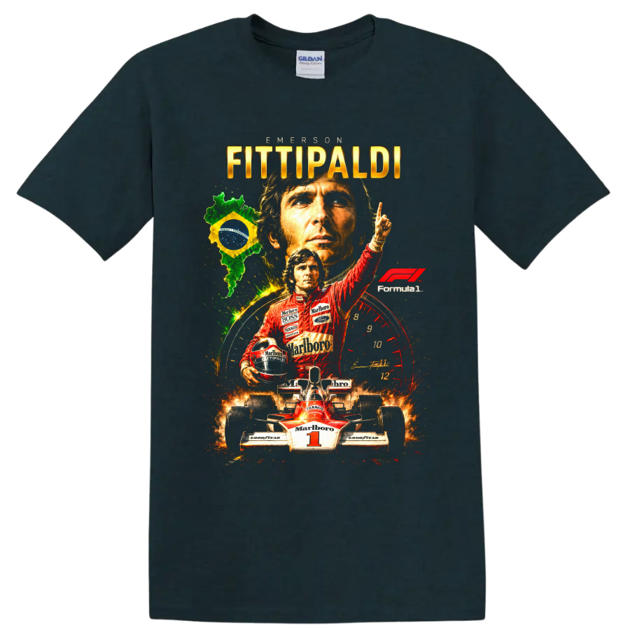Emerson Fittipaldi Formula 1 racing collage with Brazil flag, number 1 car and portraits on a Midnight (Green) T Shirt