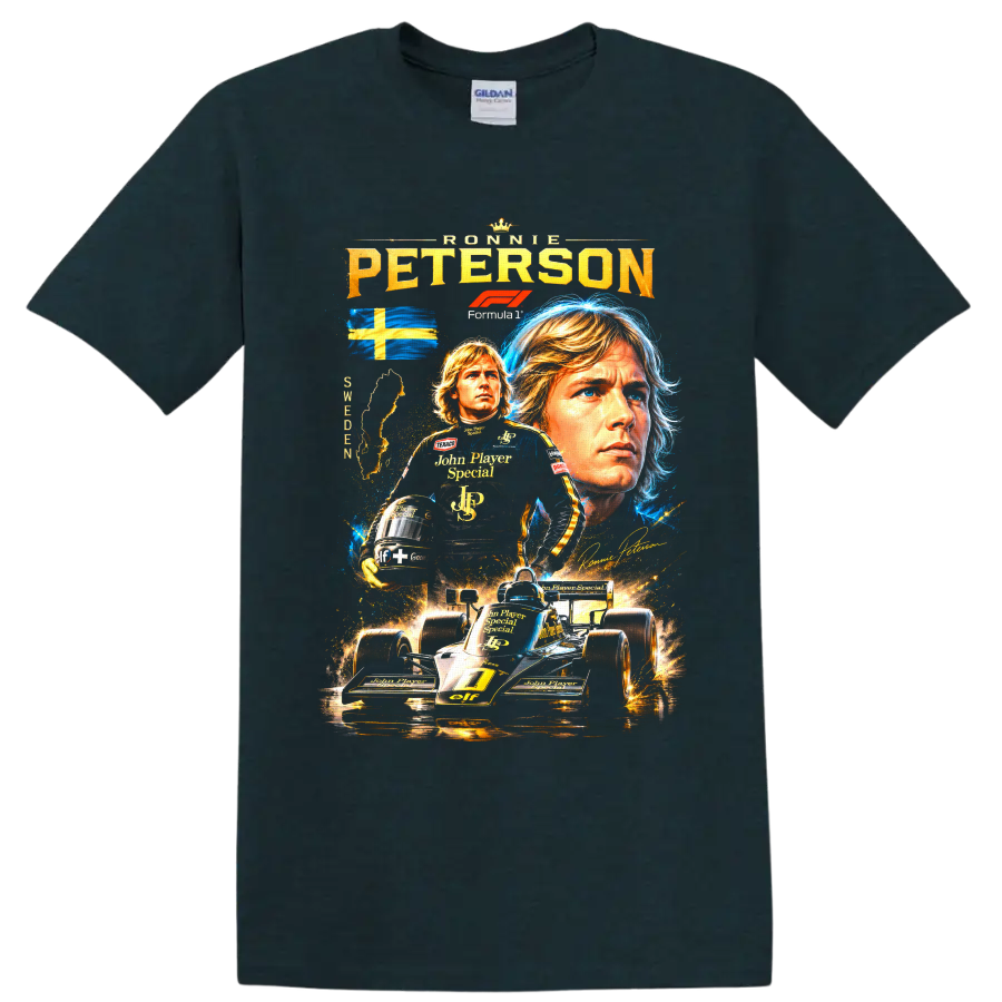 Ronnie Peterson Lotus Formula 1 collage with Swedish flag and black-and-gold race car on a Midnight (Green) T Shirt