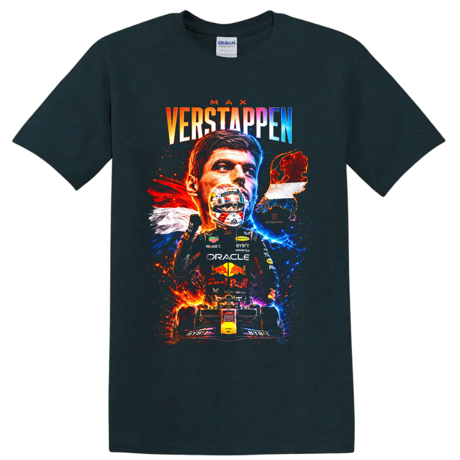 Max Verstappen Formula 1 portrait, helmet, race car, and Netherlands map graphic on a Midnight (Green) T Shirt