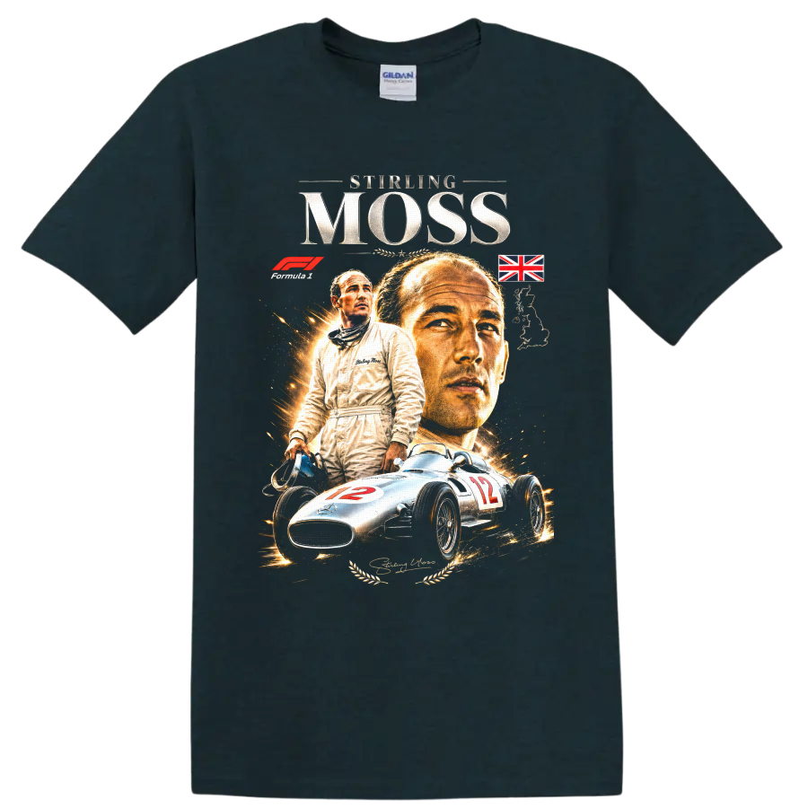Stirling Moss portrait with silver number 12 Mercedes-Benz race car vintage racing graphic on a Midnight (Green) T Shirt