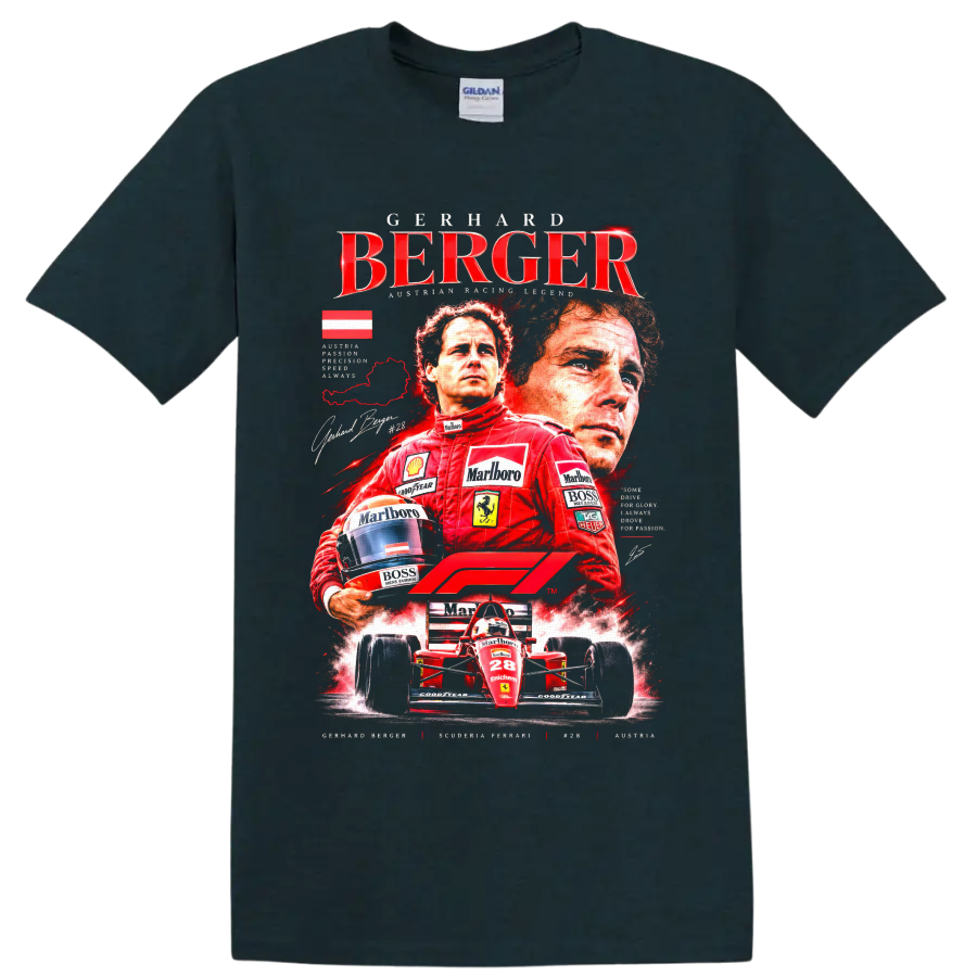 Gerhard Berger Ferrari Formula 1 vintage racing collage with red number 28 car on a Midnight (Green) T Shirt