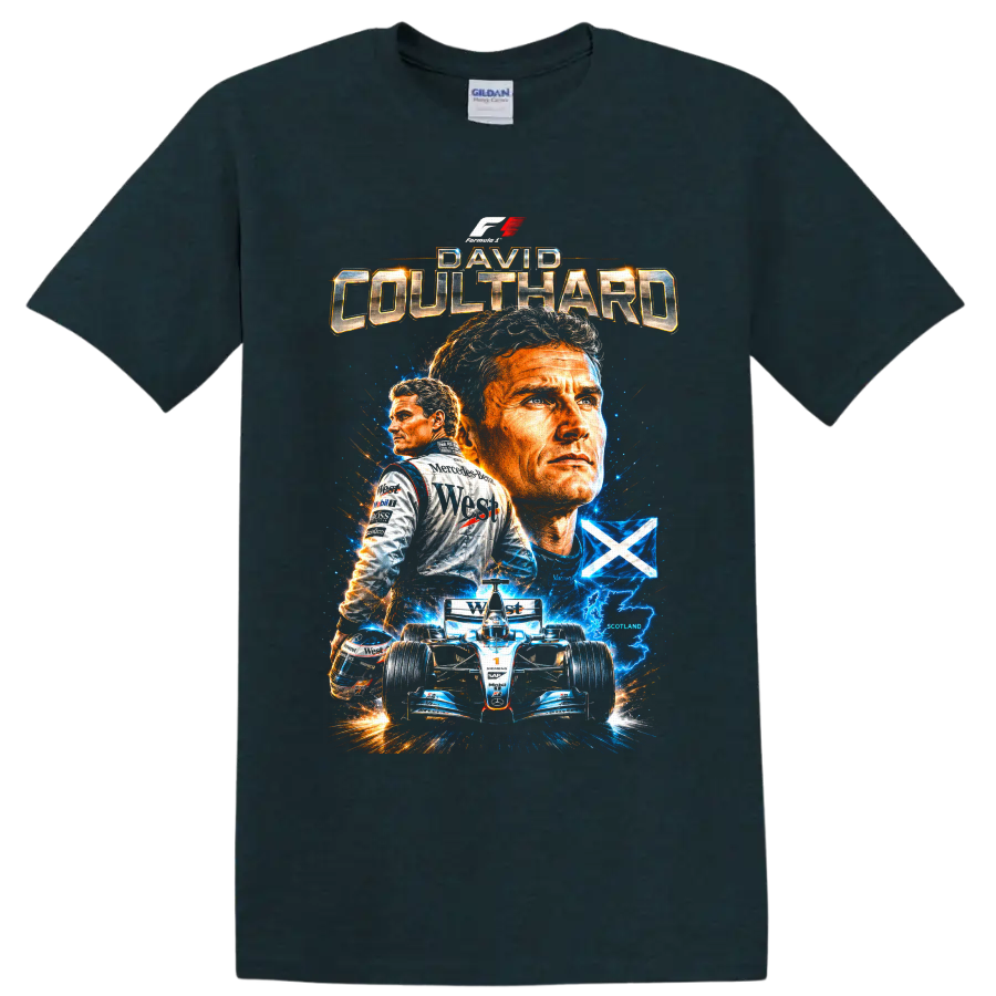 David Coulthard Formula 1 collage with McLaren car, Scotland flag, and electric effects on a Midnight (Green) T Shirt