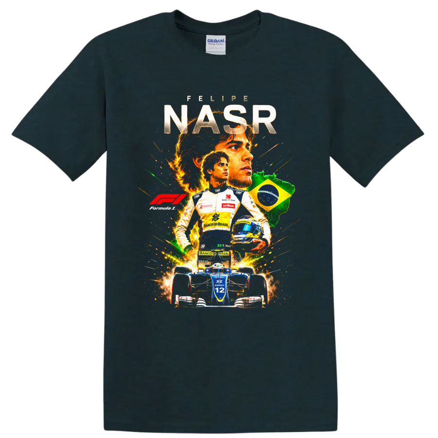 Felipe Nasr Formula 1 racing collage with Brazil flag and number 12 car on a Midnight (Green) T Shirt