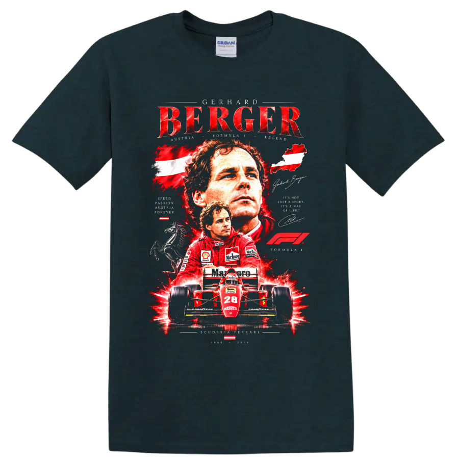 Gerhard Berger Ferrari Formula 1 portrait and number 28 race car collage graphic on a Midnight (Green) T Shirt