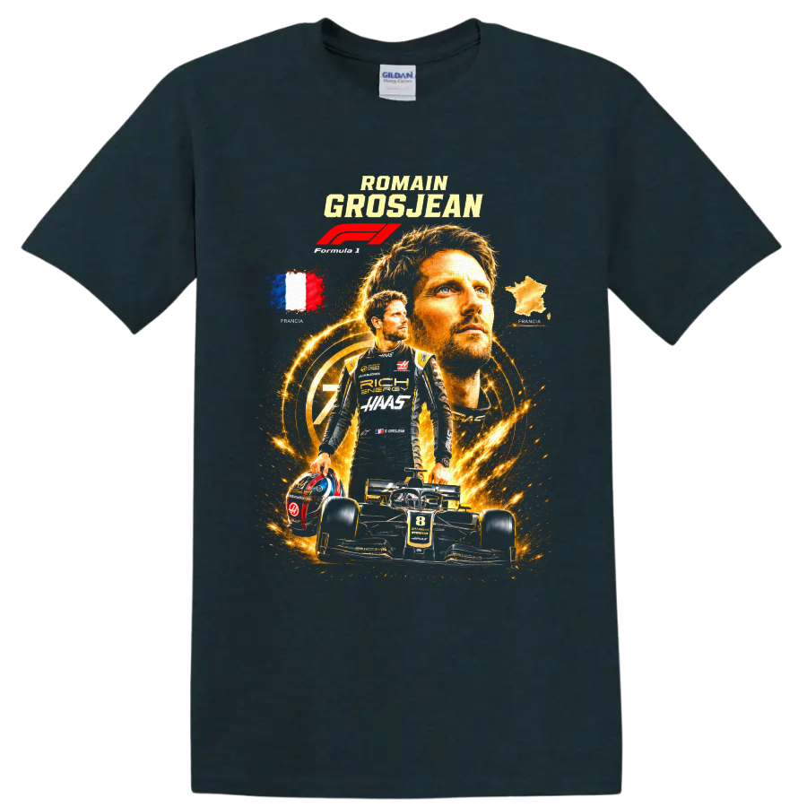 Romain Grosjean Haas F1 racing collage with number 8 car and French imagery on a Midnight (Green) T Shirt